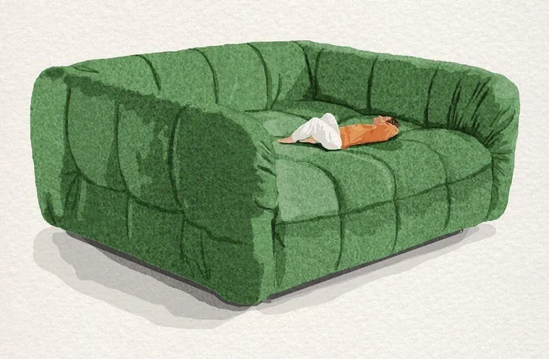 An illustration of a very large, deep-green tufted sofa with one small figure lying alone at the far end of it.